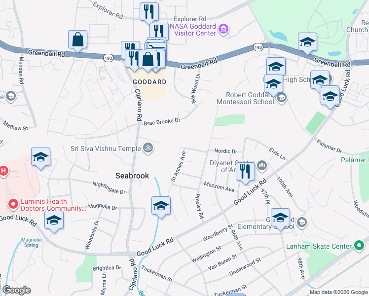 map of restaurants, bars, coffee shops, grocery stores, and more near 8909 Orbit Lane in Lanham