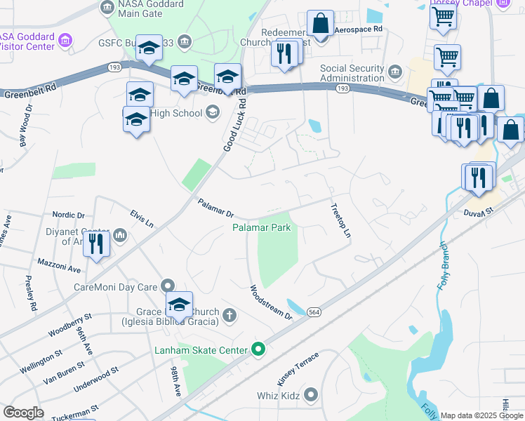 map of restaurants, bars, coffee shops, grocery stores, and more near 6904 Woodstream Turn in Lanham