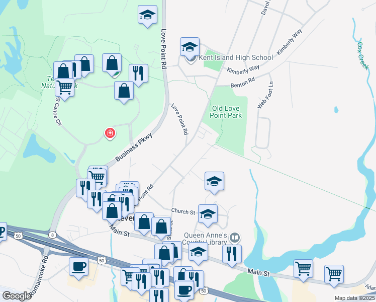 map of restaurants, bars, coffee shops, grocery stores, and more near 618 Love Point Road in Stevensville