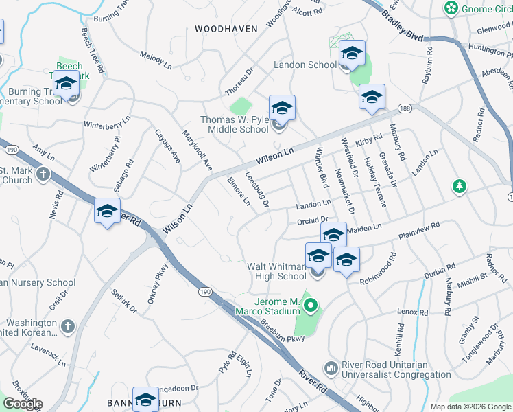 map of restaurants, bars, coffee shops, grocery stores, and more near 7503 Elmore Lane in Bethesda