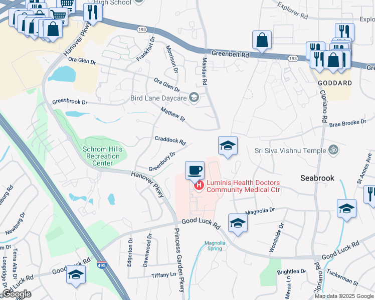 map of restaurants, bars, coffee shops, grocery stores, and more near 8013 Greenbury Drive in Greenbelt