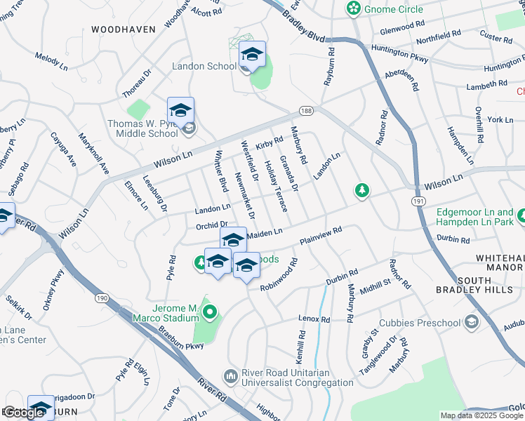 map of restaurants, bars, coffee shops, grocery stores, and more near 7516 Westfield Drive in Bethesda
