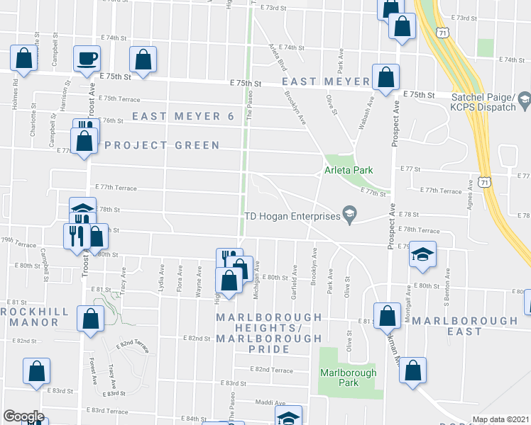 map of restaurants, bars, coffee shops, grocery stores, and more near 1850 East 78th Street in Kansas City