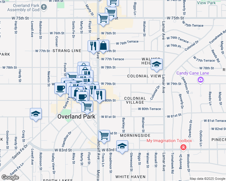 map of restaurants, bars, coffee shops, grocery stores, and more near 6921 West 79th Street in Overland Park