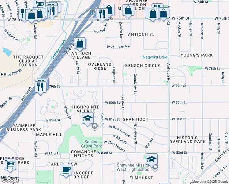 map of restaurants, bars, coffee shops, grocery stores, and more near 9227 West 79th Street in Overland Park