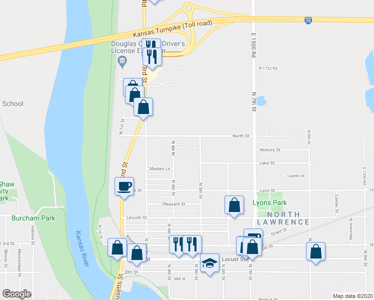 map of restaurants, bars, coffee shops, grocery stores, and more near 420 North Street in Lawrence