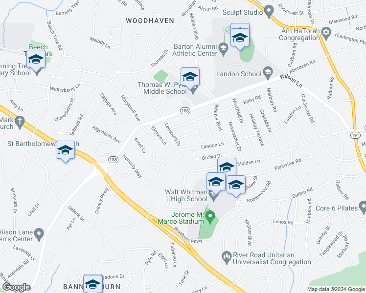 map of restaurants, bars, coffee shops, grocery stores, and more near 6409 Landon Lane in Bethesda