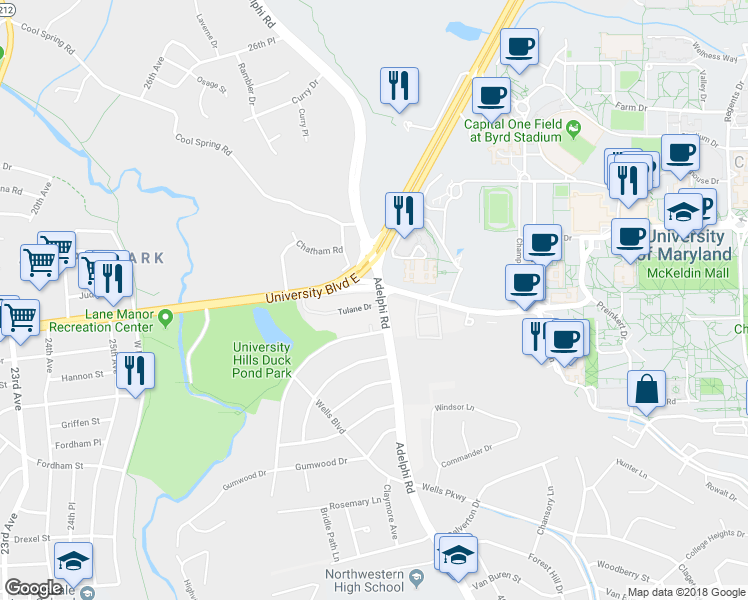 map of restaurants, bars, coffee shops, grocery stores, and more near 7710 Adelphi Road in Adelphi