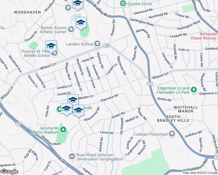 map of restaurants, bars, coffee shops, grocery stores, and more near 7500 Marbury Road in Bethesda