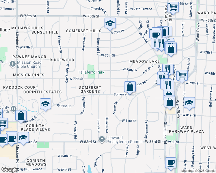 map of restaurants, bars, coffee shops, grocery stores, and more near 2700 Somerset Drive in Prairie Village