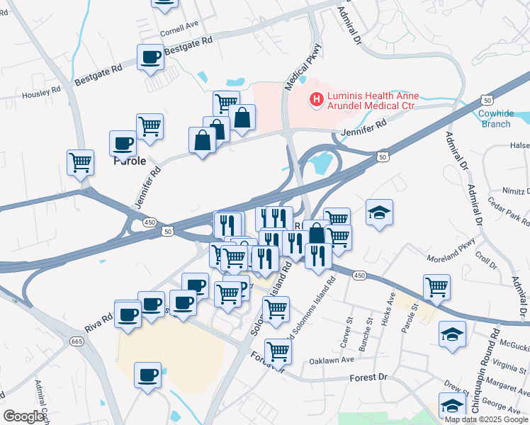 map of restaurants, bars, coffee shops, grocery stores, and more near 2442 Holly Avenue in Annapolis
