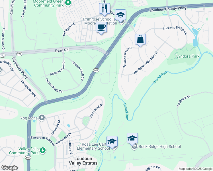 map of restaurants, bars, coffee shops, grocery stores, and more near 22761 Zulla Chase Place in Ashburn