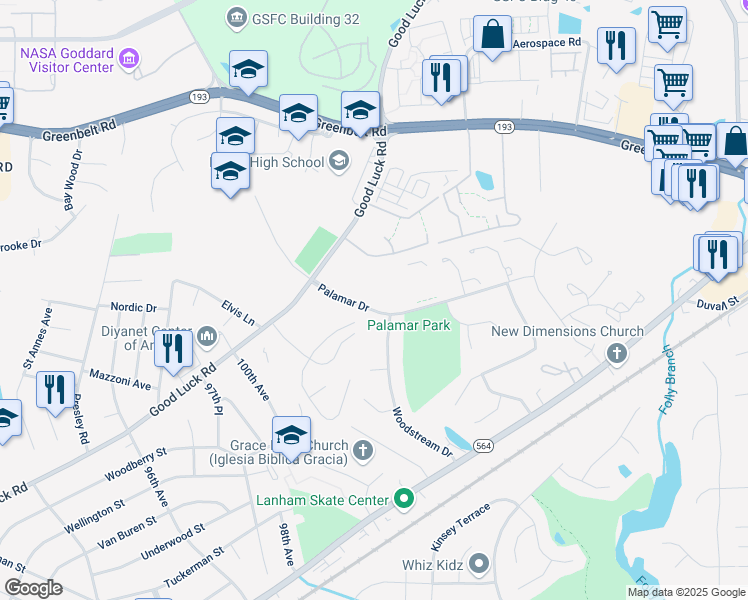 map of restaurants, bars, coffee shops, grocery stores, and more near 6905 Woodstream Lane in Lanham