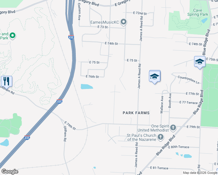 map of restaurants, bars, coffee shops, grocery stores, and more near 7624 Smalley Avenue in Kansas City