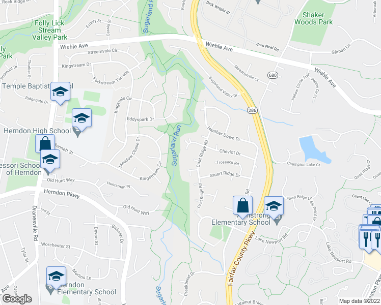 map of restaurants, bars, coffee shops, grocery stores, and more near 12055 Cheviot Drive in Herndon