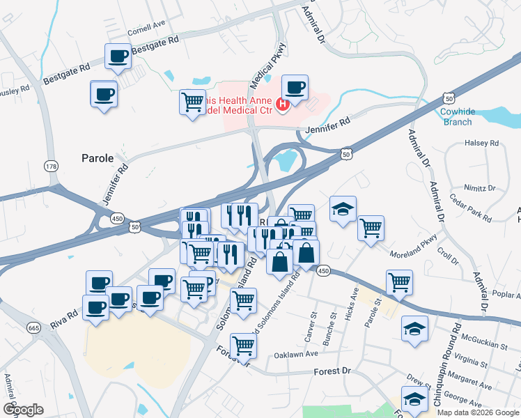 map of restaurants, bars, coffee shops, grocery stores, and more near 2438 Cedar Avenue in Annapolis