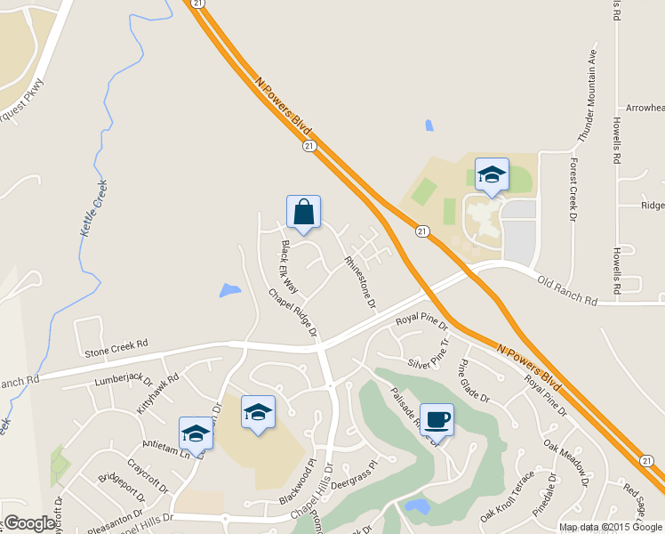 map of restaurants, bars, coffee shops, grocery stores, and more near 10603 Black Kettle Way in Colorado Springs