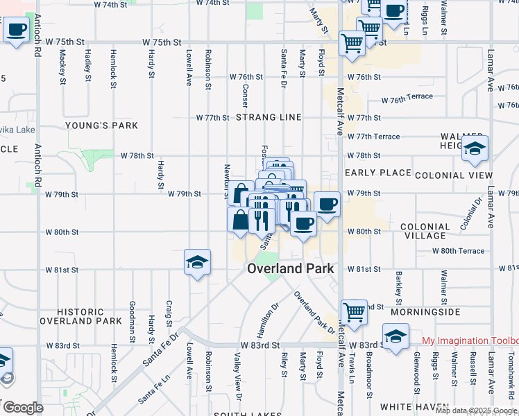 map of restaurants, bars, coffee shops, grocery stores, and more near 7912 Foster Street in Overland Park