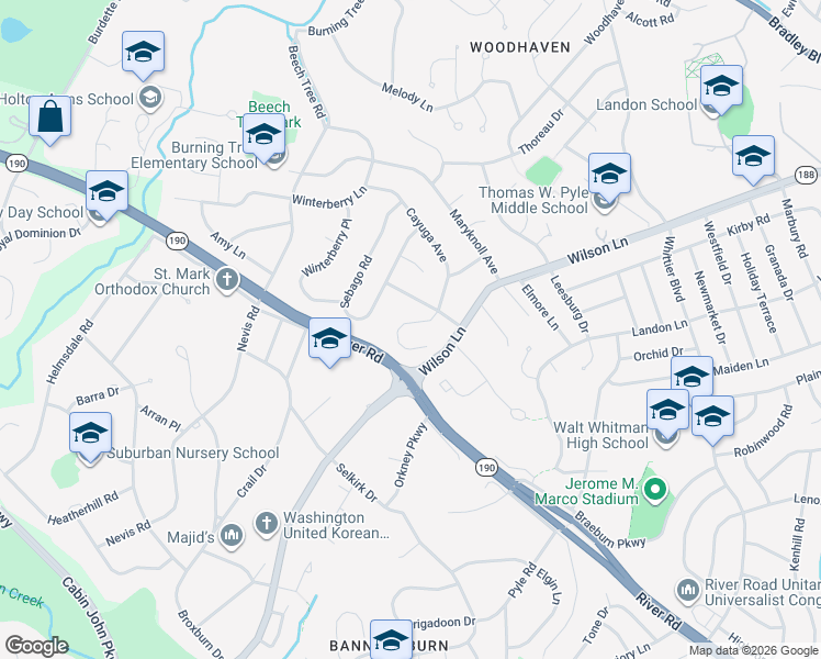 map of restaurants, bars, coffee shops, grocery stores, and more near 7525 Cayuga Avenue in Bethesda