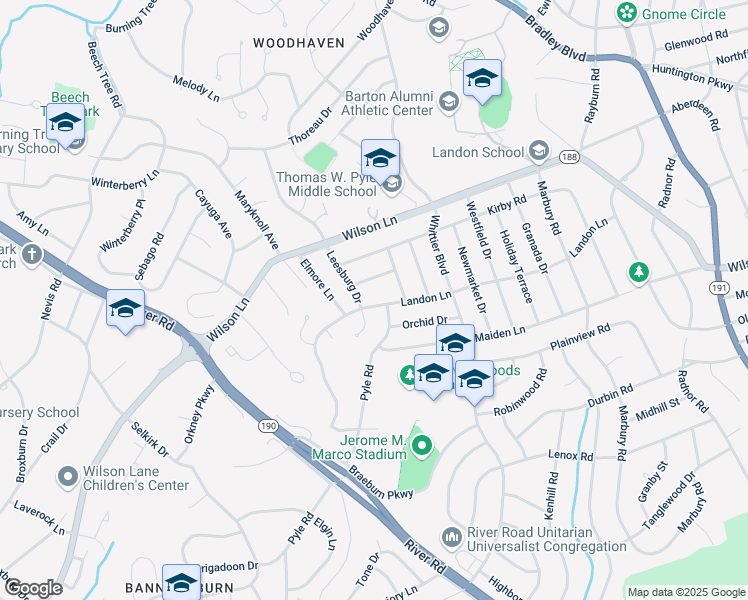 map of restaurants, bars, coffee shops, grocery stores, and more near 6407 Landon Lane in Bethesda