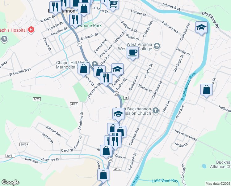 map of restaurants, bars, coffee shops, grocery stores, and more near 141 South Kanawha in Buckhannon