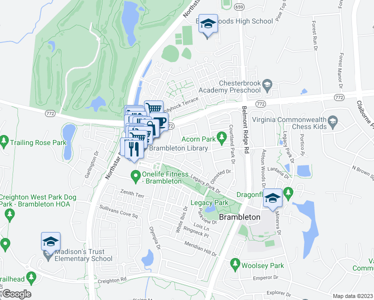 map of restaurants, bars, coffee shops, grocery stores, and more near 42500 Regal Wood Drive in Ashburn