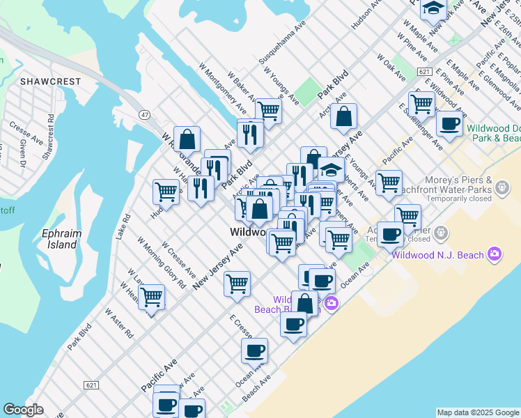 map of restaurants, bars, coffee shops, grocery stores, and more near 119 W Taylor Ave in Wildwood