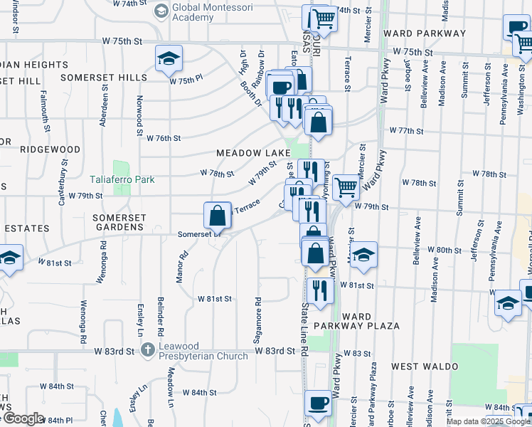 map of restaurants, bars, coffee shops, grocery stores, and more near 2212 Somerset Drive in Prairie Village