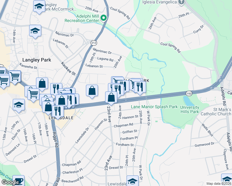 map of restaurants, bars, coffee shops, grocery stores, and more near 2302 University Blvd E in Adelphi