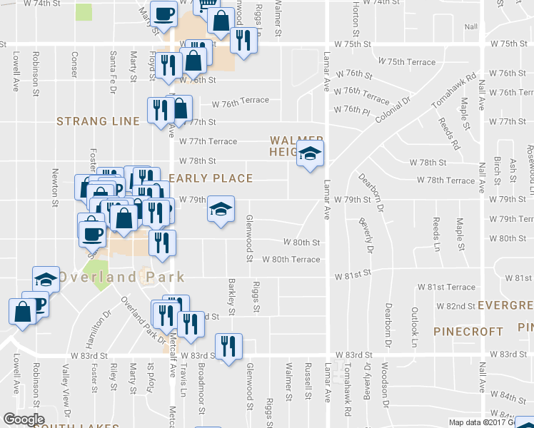 map of restaurants, bars, coffee shops, grocery stores, and more near 6516 West 79th Terrace in Overland Park