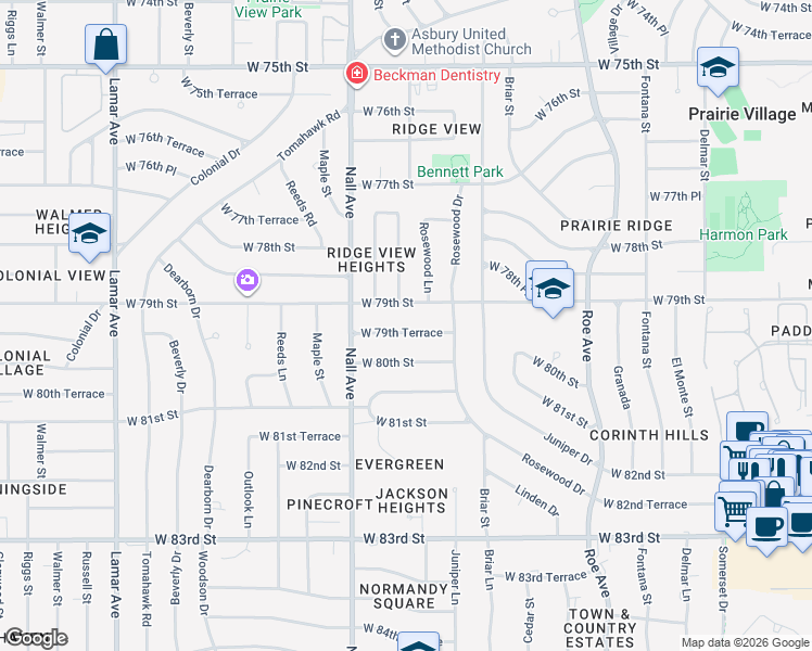 map of restaurants, bars, coffee shops, grocery stores, and more near 5306 West 79th Terrace in Prairie Village