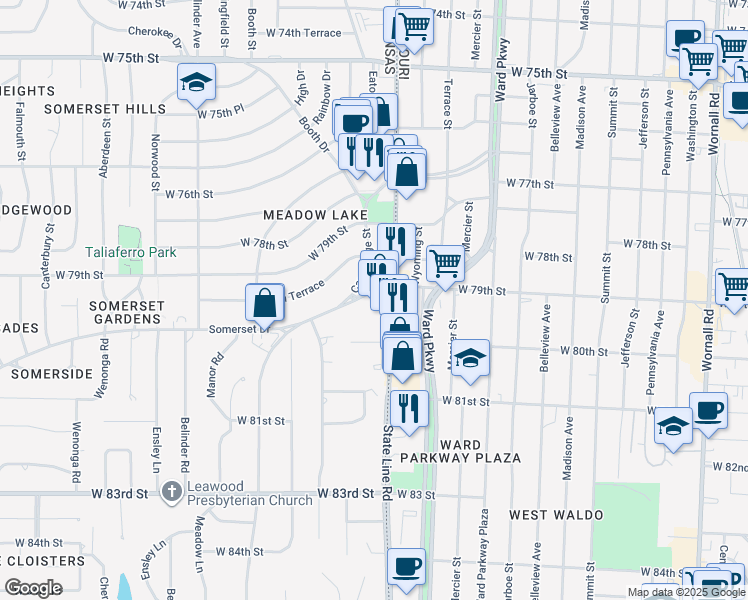 map of restaurants, bars, coffee shops, grocery stores, and more near 2015 Somerset Drive in Prairie Village