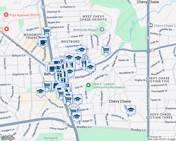 map of restaurants, bars, coffee shops, grocery stores, and more near 4350 Maryland 410 in Bethesda