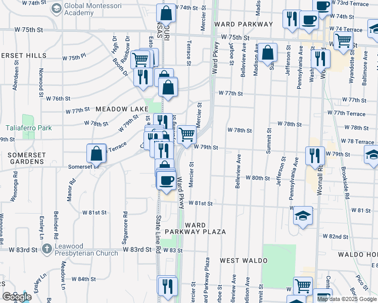 map of restaurants, bars, coffee shops, grocery stores, and more near 1307 West 79th Street in Kansas City