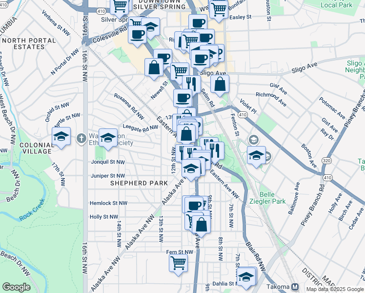 map of restaurants, bars, coffee shops, grocery stores, and more near 7838 Eastern Avenue Northwest in Washington