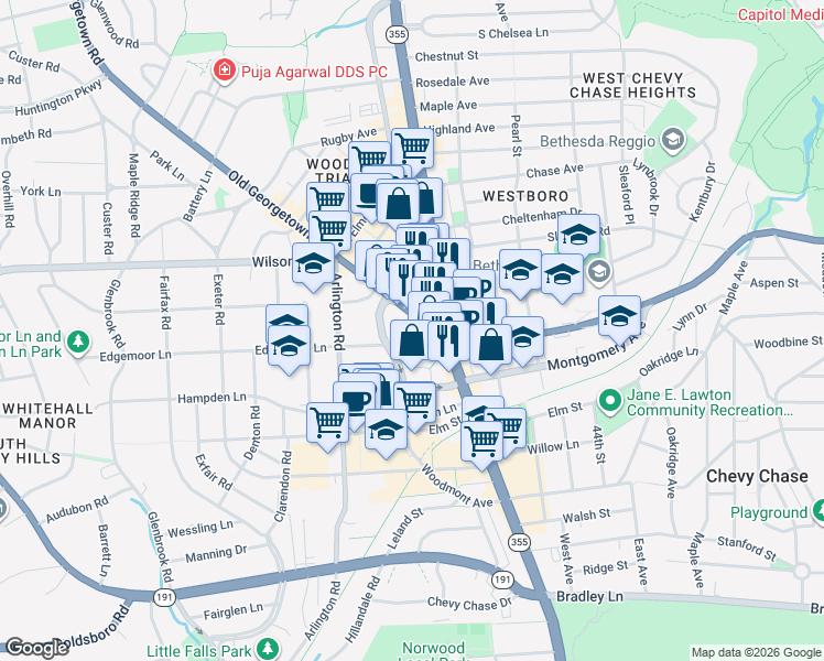 map of restaurants, bars, coffee shops, grocery stores, and more near 4899 Bethesda Metro Center in Bethesda