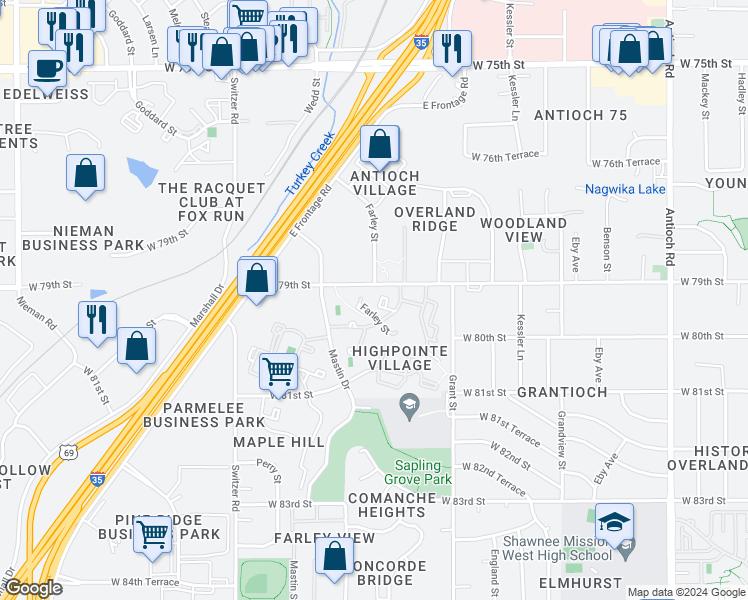 map of restaurants, bars, coffee shops, grocery stores, and more near 9817 West 79th Place in Overland Park