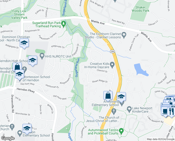 map of restaurants, bars, coffee shops, grocery stores, and more near 1512 Coat Ridge Road in Herndon