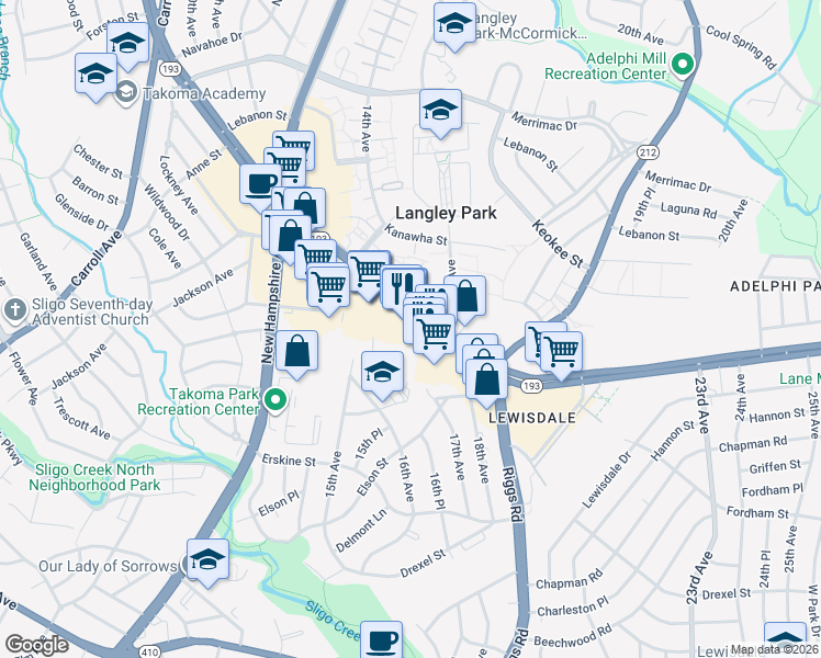 map of restaurants, bars, coffee shops, grocery stores, and more near 1425 University Boulevard East in Hyattsville