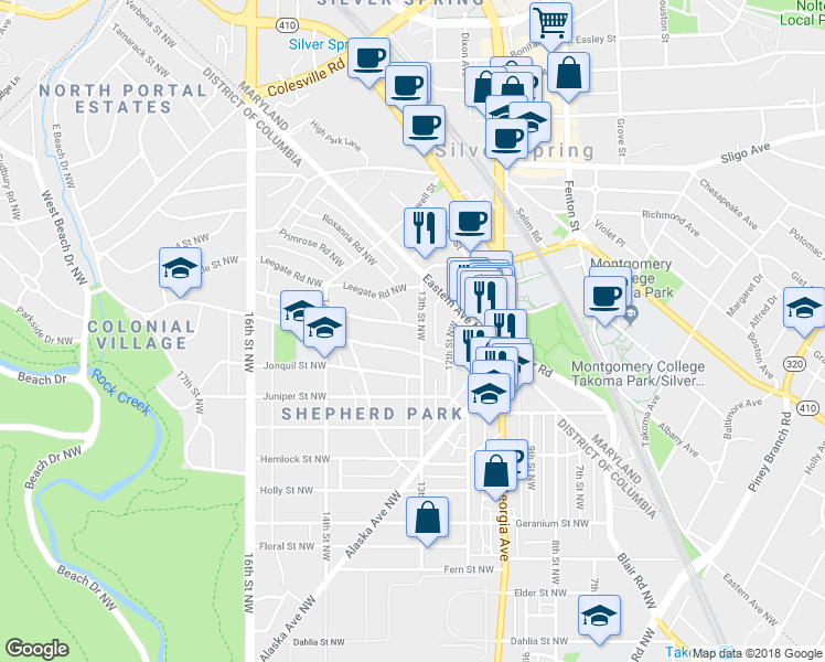 map of restaurants, bars, coffee shops, grocery stores, and more near 1300 Locust Road Northwest in Washington
