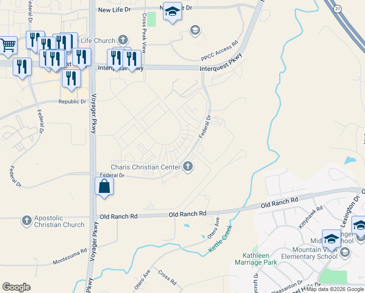 map of restaurants, bars, coffee shops, grocery stores, and more near 10000-10142 Federal Drive in Colorado Springs