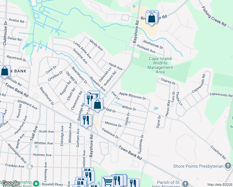 map of restaurants, bars, coffee shops, grocery stores, and more near 100 Apple Blossom Drive in North Cape May