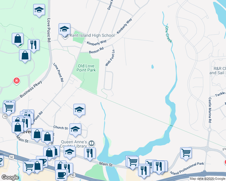 map of restaurants, bars, coffee shops, grocery stores, and more near 402 Web Foot Lane in Stevensville