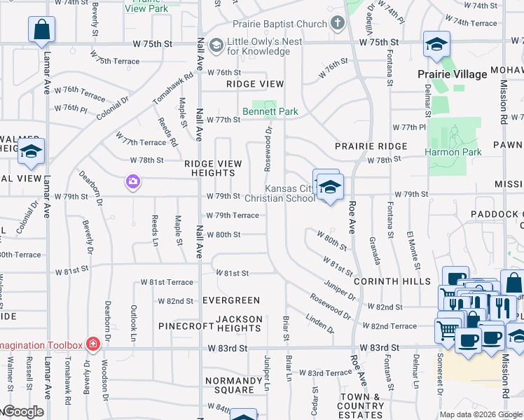 map of restaurants, bars, coffee shops, grocery stores, and more near 5206 West 79th Terrace in Prairie Village