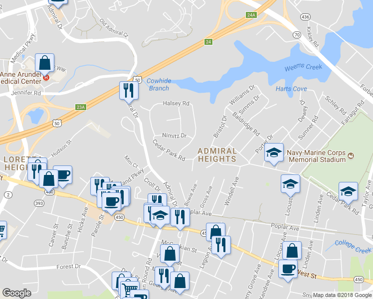 map of restaurants, bars, coffee shops, grocery stores, and more near 292 Halsey Road in Annapolis