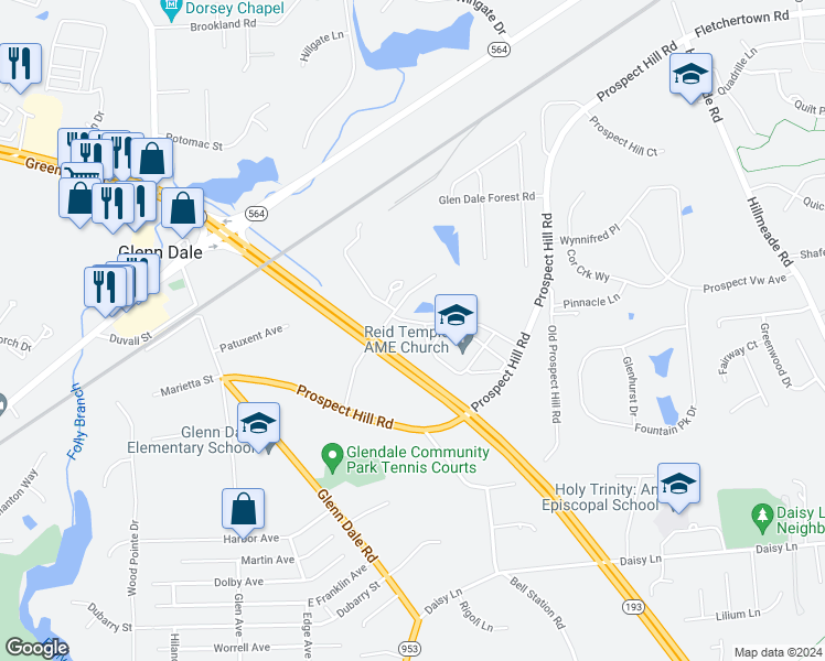 map of restaurants, bars, coffee shops, grocery stores, and more near 10600 Glenn Dale Boulevard in Glenn Dale