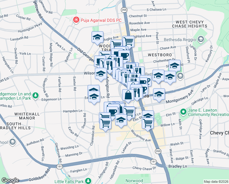 map of restaurants, bars, coffee shops, grocery stores, and more near 4903 Edgemoor Lane in Bethesda