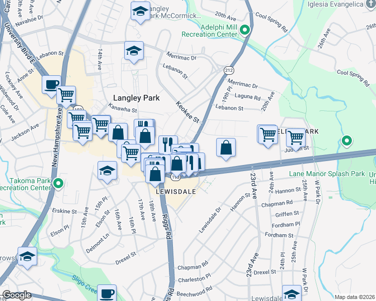 map of restaurants, bars, coffee shops, grocery stores, and more near 7921 Riggs Road in Hyattsville