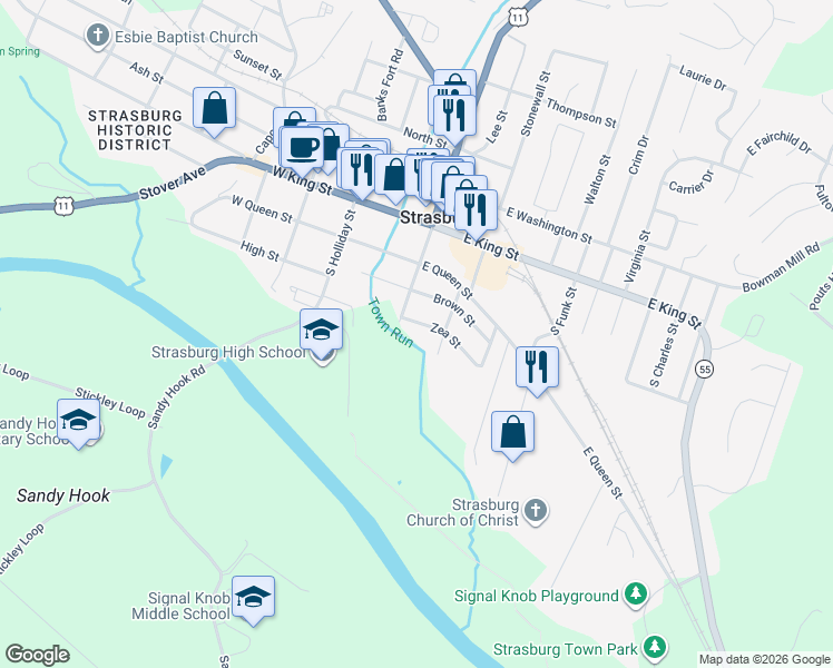 map of restaurants, bars, coffee shops, grocery stores, and more near 344 Zea Street in Strasburg