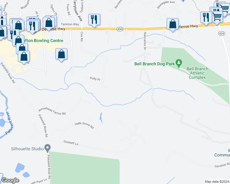 map of restaurants, bars, coffee shops, grocery stores, and more near 2256 Cox Road in Gambrills